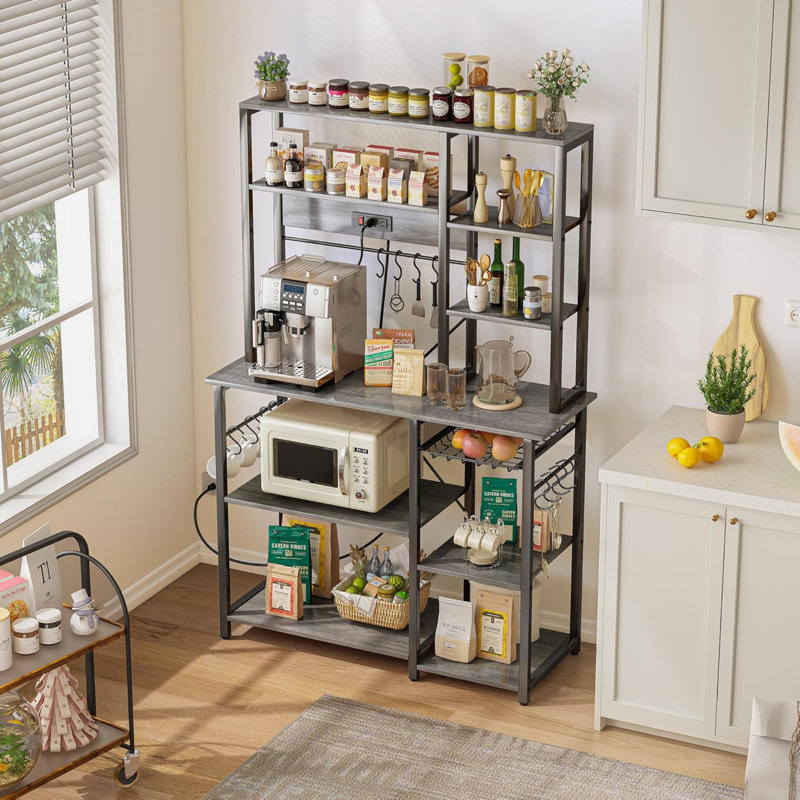 Grand support à boulanger avec prises de courant, support à micro-ondes à 6 niveaux, bar à café avec 12 crochets en forme de S, tablette de cuisine avec panier grillagé, 39,3 po x 15,5 po x 66,9 po
