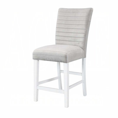 Tabourets de comptoir rembourrés gris et blanc (paire) - Chaises de salle à manger modernes avec repose-pieds, coussins de dossier, dossier charmant, rectangulaire, bois franc, tissu de velours + revêtement en hauteur