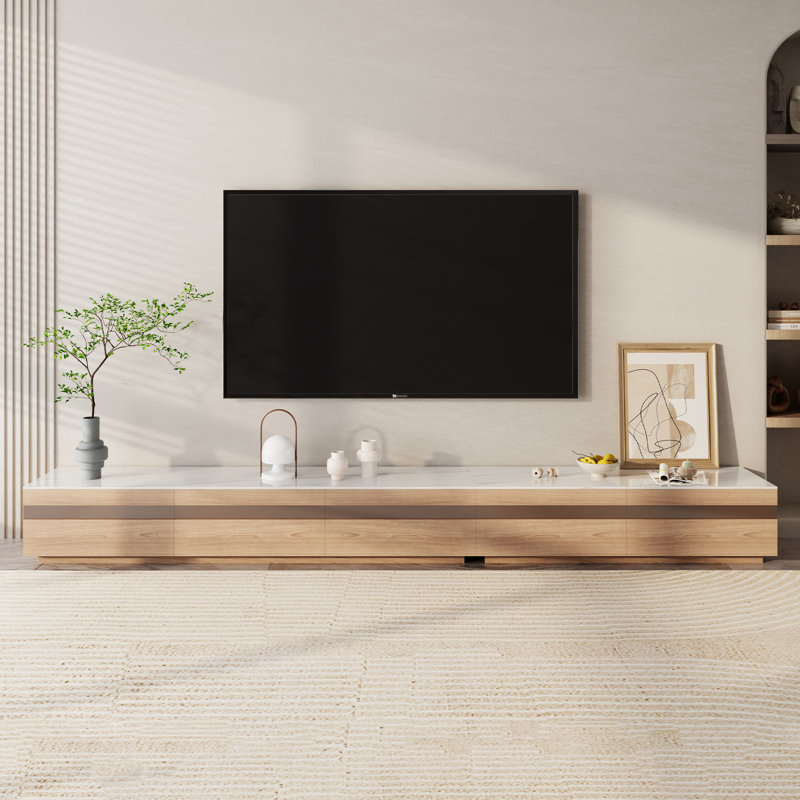 Modern Light Wood TV Stands, Stone Table-top, 3-6 Drawers, Fully Assembled, 118"