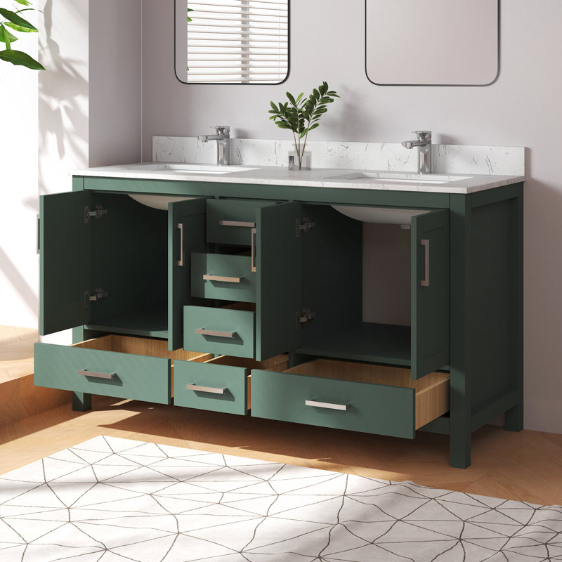 Ensemble de meuble-lavabo simple 60 po avec dessus en granite blanc Aura, Vert, 60"