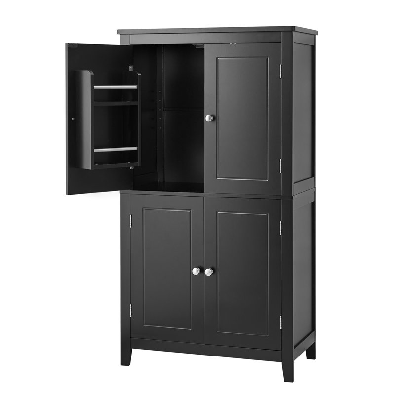 Bathroom Floor Storage Cabinet - 4 Doors Black Adjustable Shelves Tall In, Natural