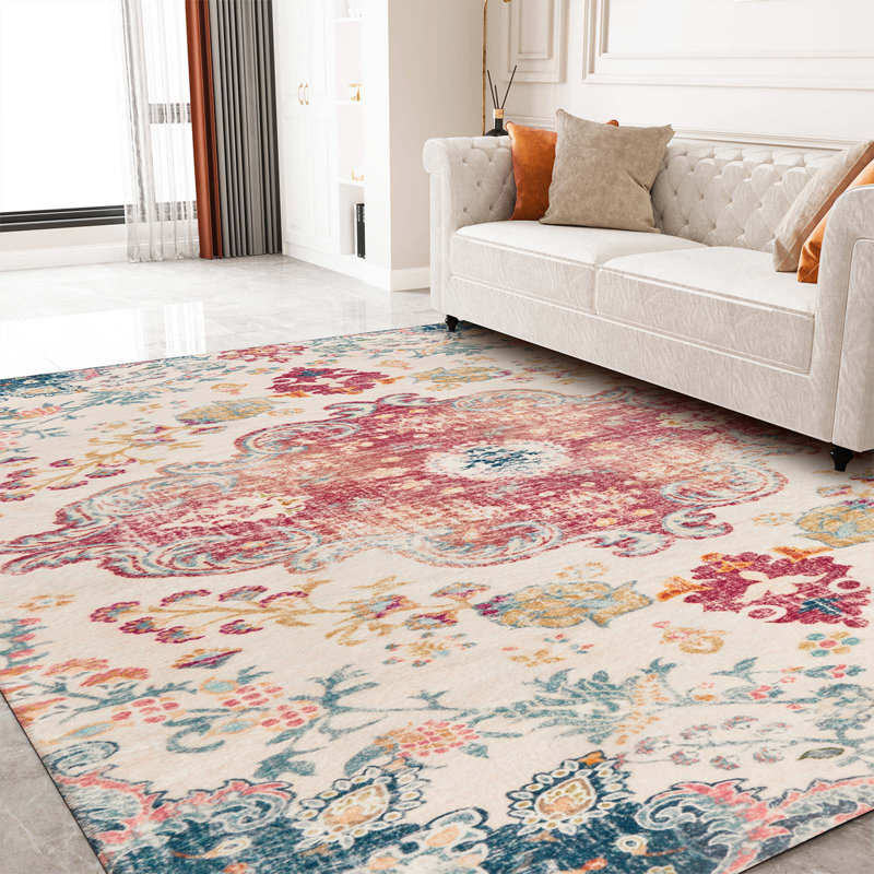 Tapis rectangulaire en laine avec envers antidérapant Juanelle, Rectangle de 5 pi x 7 pi, Rubis et turquoise