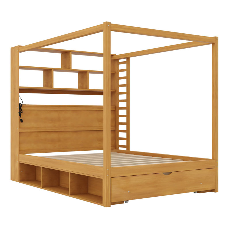 Canopy bed frame with bookcase headboard, usb outlets and led lights, storage cubbies, footboard drawer and reversible rack