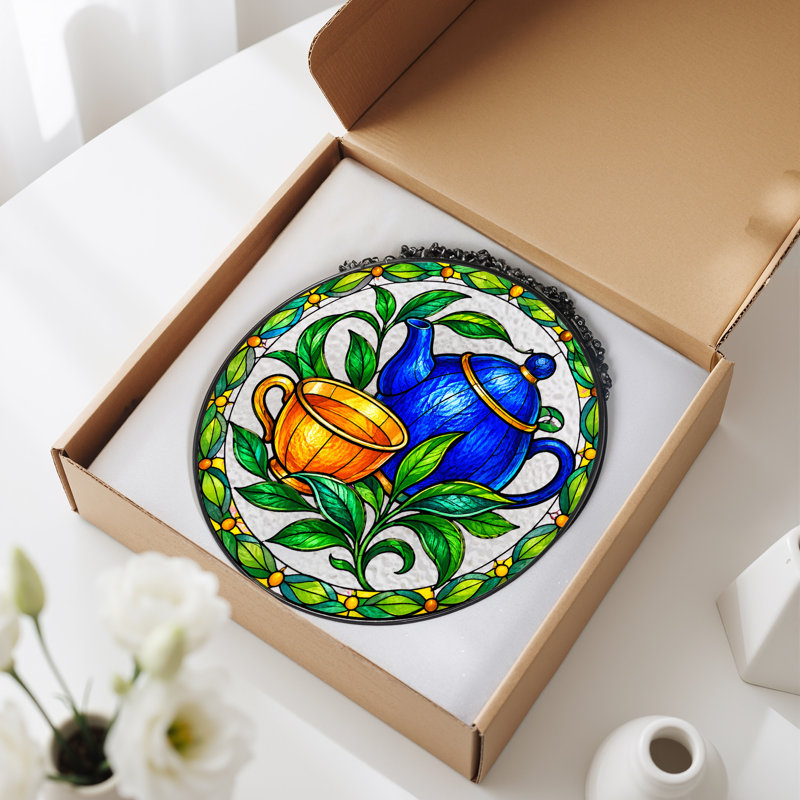 Théière bleue et tasse à thé sur toile de style vitrail, H 12 po