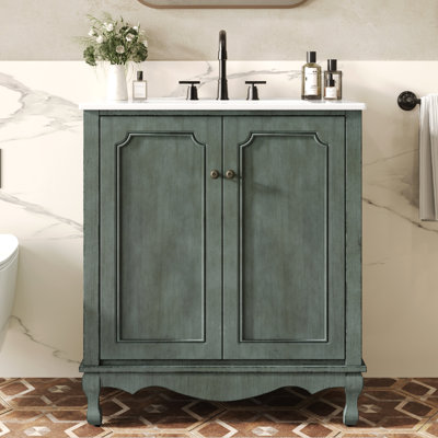 Meuble-lavabo de salle de bain rétro 30 po avec lavabo rectangulaire en céramique, meuble-lavabo avec poignées antiques, meuble de rangement avec pieds en bois d'hévéa et tablettes réglables