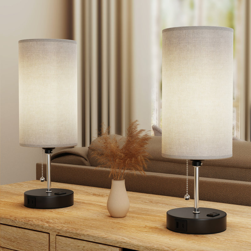 Table Lamp for Bedroom with AC Outlet and USB Ports,3 Color Tempreture Pull Chain Control 15" Grey Shade Bedside Lamp for Bedroom,Living Room,Bulbs Included