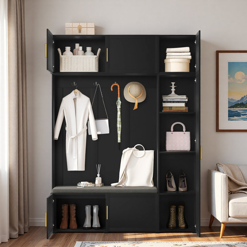 4-in-1 Hall Tree With Padded Bench, 4 Hooks And Multi-tier Storage Shelves, Black