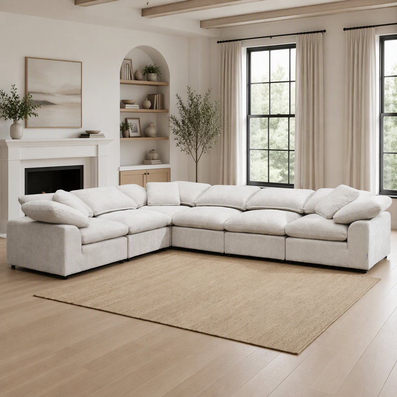 Canapé modulaire ivoire en lin 6 pièces avec 3 fauteuils d'angle et 3 sans accoudoirs, H 23 po x l 45 po x P 166 po