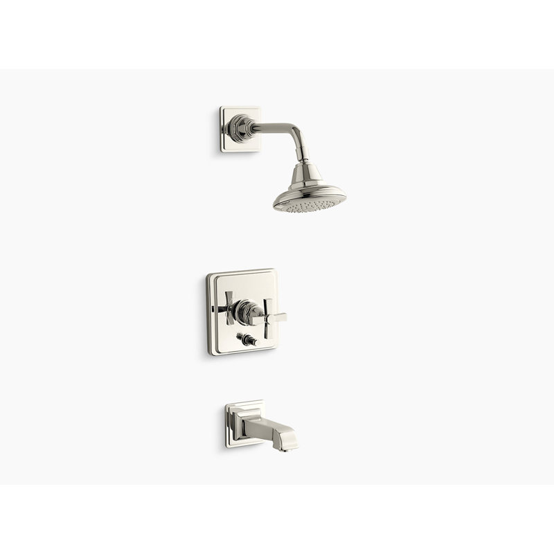 Pinstripe® Pure Rite-Temp Pressure-Balancing Bath and Shower Faucet Trim, Vibrant Polished Nickel, Cross Handle