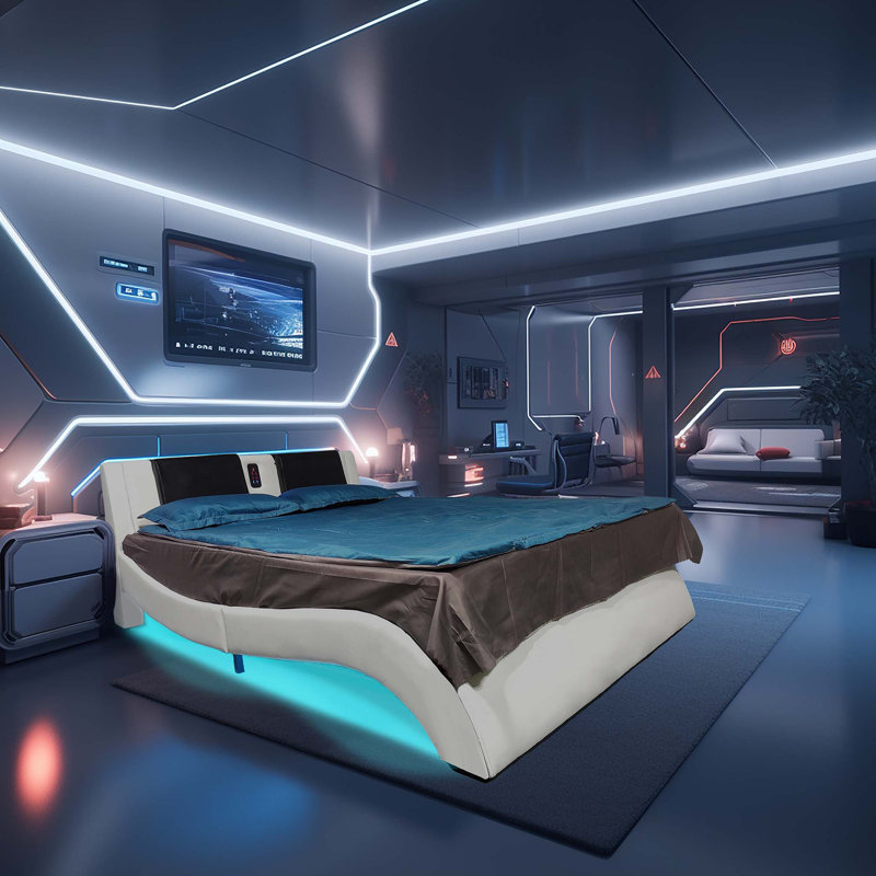 Upholstered Platform Bed Frame with led, Bluetooth connection to play music control, White
