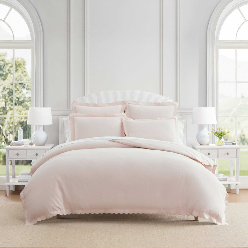 Martha Stewart Signature Scallop Solid Reversible Duvet Cover Set, Pink, Queen Duvet Cover + 2 Standard Shams