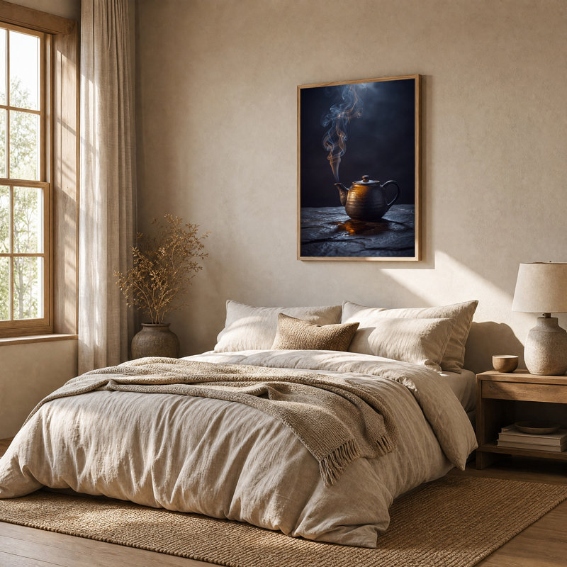 Théière en céramique sur toile ardoise foncée, 24"H x 18"W