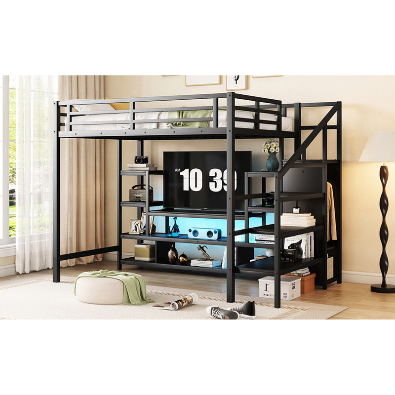 Lit mezzanine en métal avec meuble télé et mobilier de chambre à coucher élégant - Marches fonctionnelles noires, Noir