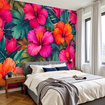 Peel and Stick Wall Mural Self-Adhesive Wallpaper Decor for Home Office - Vibrant Tropical Floral Pink Orange Hibiscus Green Leaves 100"H x 144"W
