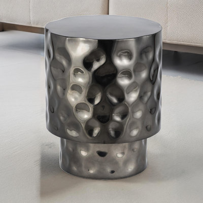 Stainless Steel Round End Table With Hand - Hammered Look, Nickel Color, For Primary Living Space Freestanding In Modern Style, Copper, Gold Or Silver Decor