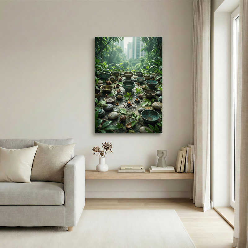 Art mural sur toile bronze avec bols et pierres dans la jungle urbaine, 18"H x 12"W
