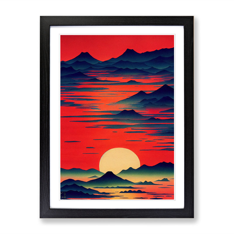 Watercolour Japanese Sunset Framed Print, 46cm H x 34cm W x 2cm D, Oak