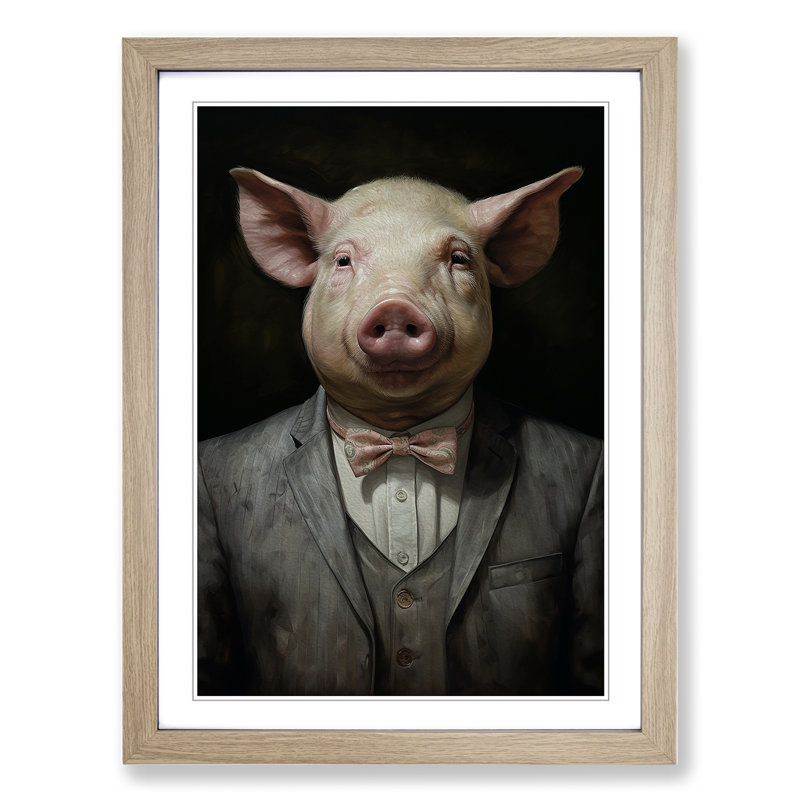 Pig Contemporary - Single Picture Frame Print on Wood, Oak, 64cm H x 46cm W x 2cm D