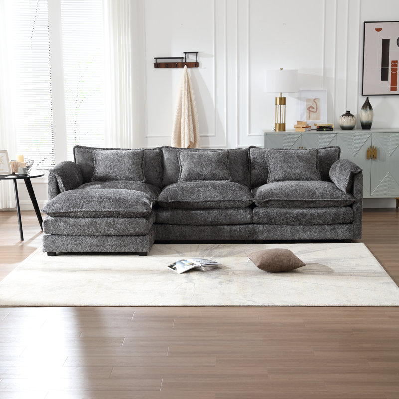 Canapé modulaire en forme de L de 112 po avec repose-pieds et mousse à mémoire de forme Millan, Boucle gris