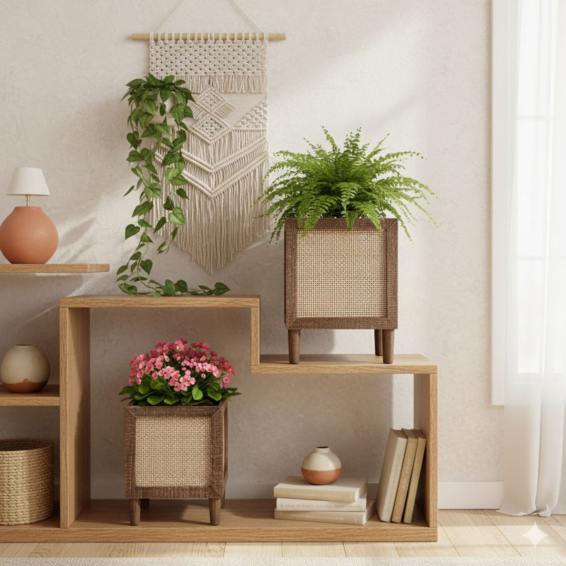 Ensemble de jardinières d'intérieur en bois et rotin