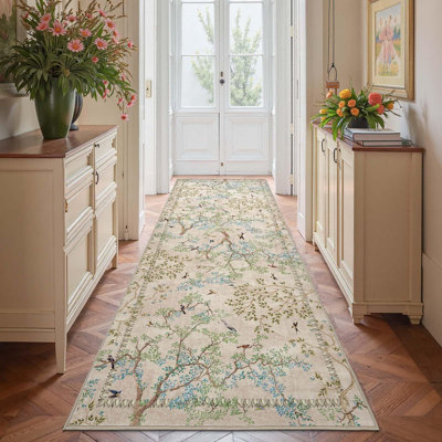 Floral Rug Botanical Birds Print Nature Plants Washable Non-slip Natural Beige/Pink