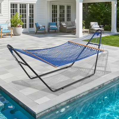 12FT 2-Person Blue Cotton Rope Hammock with Spreader Bar, Fits 13-15FT Stands (Stand Not Included)