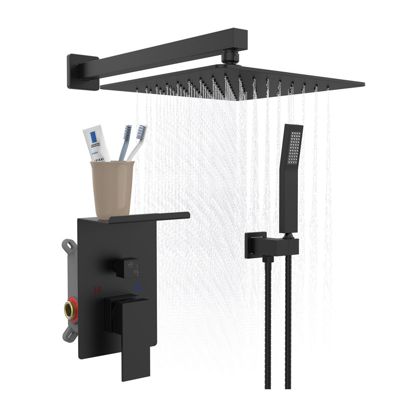 Système de douche à pluie rectangulaire 10 pouces avec support de rangement, ensemble de robinet de douche haute pression en nickel brossé