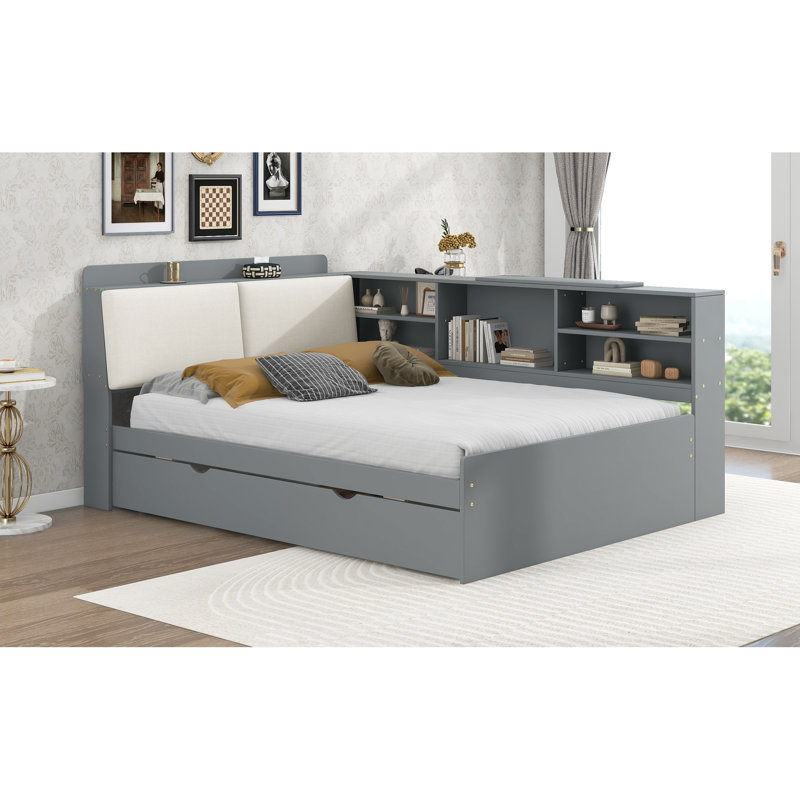 Lit double en bois, lit double, lit gigogne, tête de lit tapissier, rangement - tablettes riches avec cadre en pin