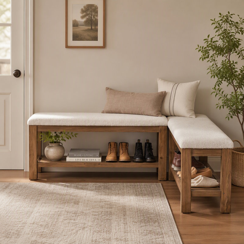 Ensemble de banc d'entrée en bois massif, banc à chaussures en forme de L 55 po avec tablette de rangement