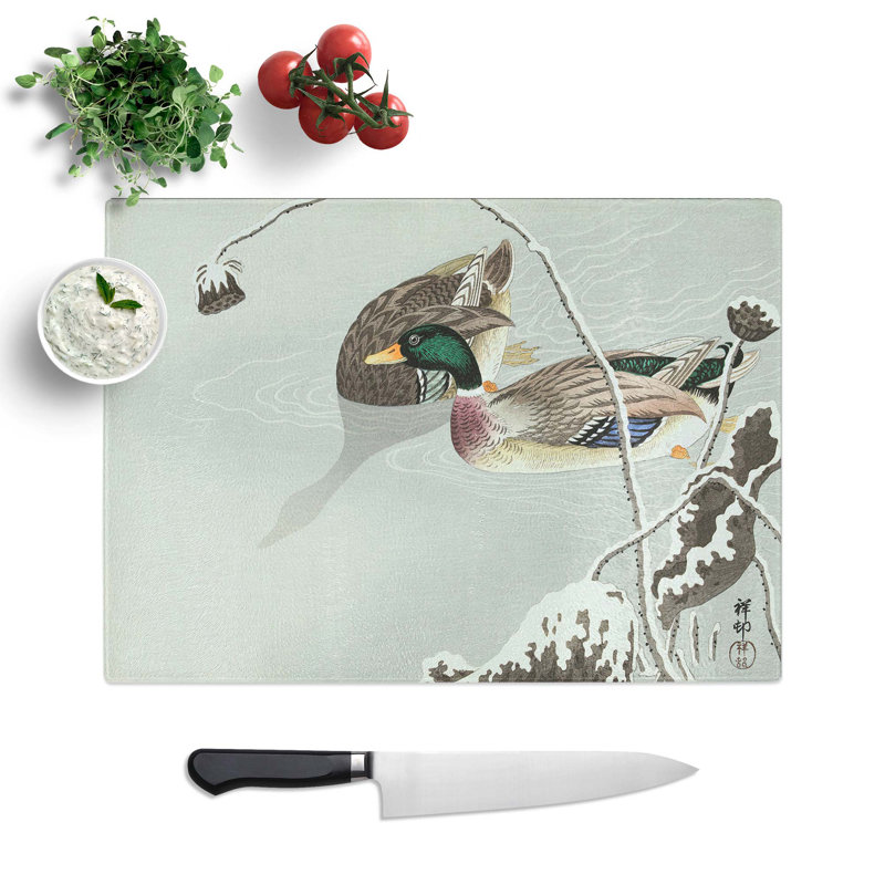Tempered Glass Two Mallard Ducks by Ohara Koson Chopping Board, 39 cm W x 28.5 cm L