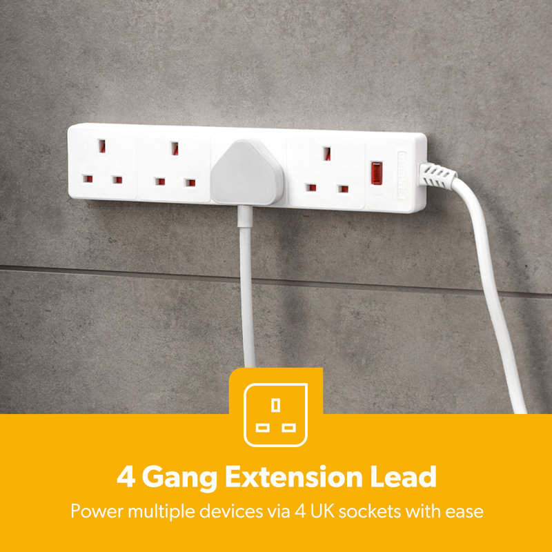 GEEPAS 4 Gang Extension Lead | 4-Way Plug Extension Cable | 4 Socket Power Strip with Neon Indicator Light | Heavy Duty UK Plug