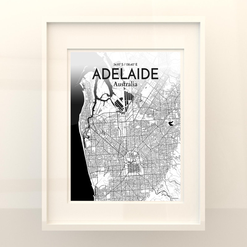 Adelaide City Map, impression, Noir et blanc, H 20 po x l 16 po