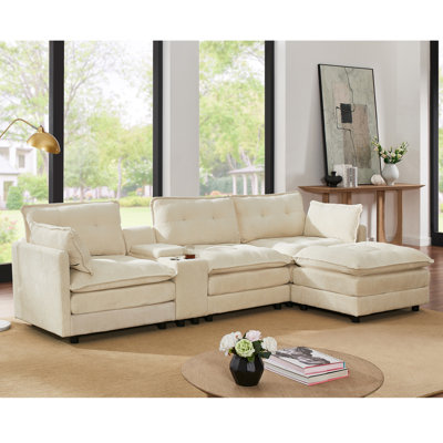 119" L-Shaped Oversized Corduroy Modular Sectional Sofa With 1 Ottoman And Multi Functional Console, 4-Seater Upholstered Couch With USB And 2 Cup Holder, Easy Assembly, For Living Room, Beige