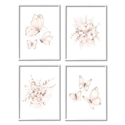 " Pastel Floral Blossoms Butterfly Insect Nature Painting " 4 Piece Art Graphic Art Print