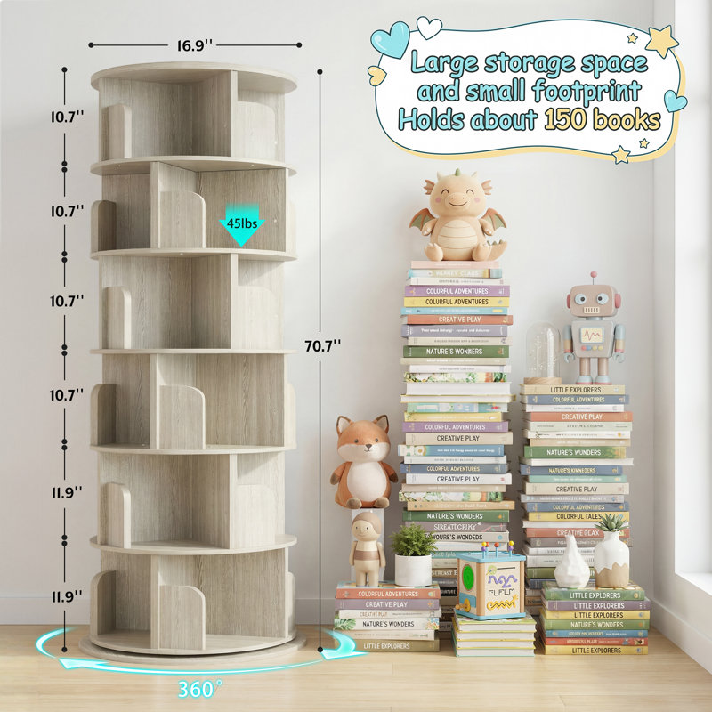 360° Rotating Bookcase For Small Space, Corner Bookshelf, (6 Shelves) 70.7" H x 16.9" W x 16.9" D, White Wood
