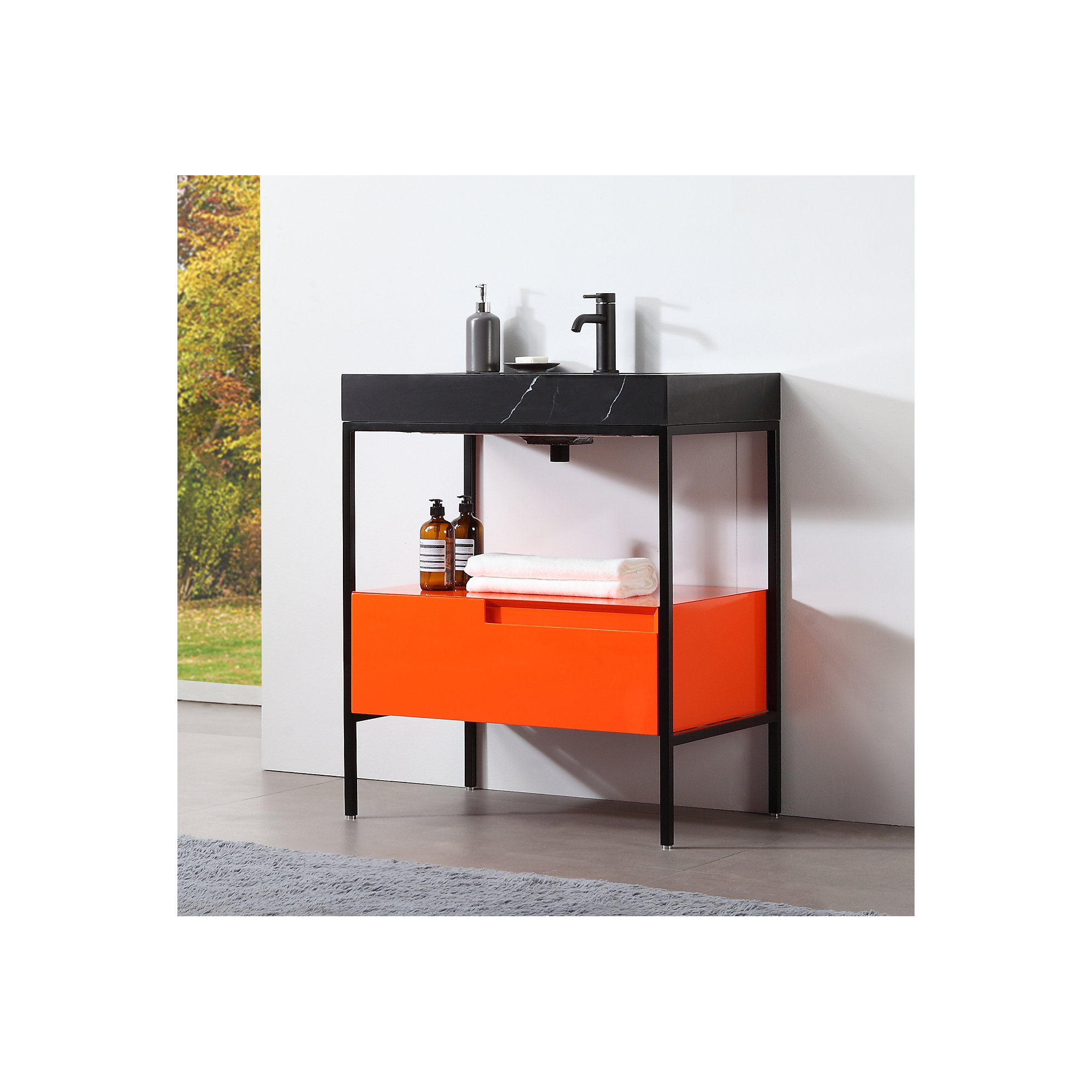 Armida 30" W x 20" D x 32" H Single Bathroom Vanity, Black, Black, Red Amber