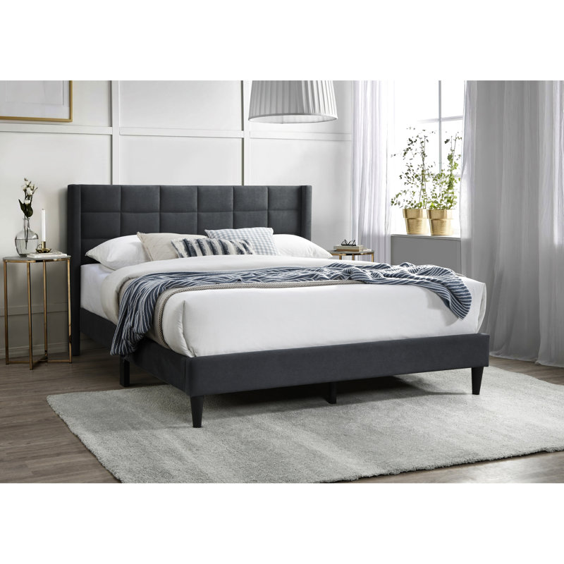Grand lit moderne avec tête de lit en lin brossé gris anthracite, élégant lit tapissier à cadre en bois, aucun sommier tapissier requis, esthétique