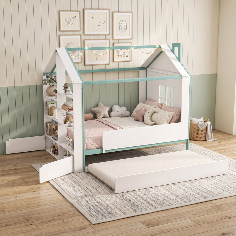 Lit en bois avec bande lumineuse, lit gigogne et lattes, Lit double, Bleu blanchi