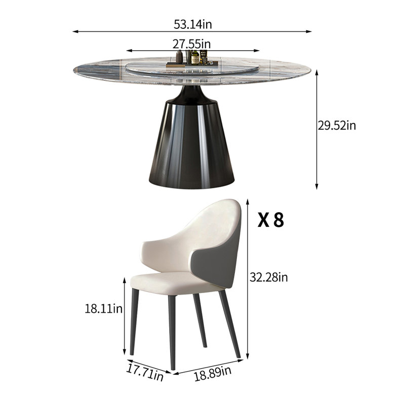 Luxury Modern Microlite Round Dining Table Set, 29.52"H x 53.14"L x 53.14"W, 9 Pieces: Table, 8 Chairs