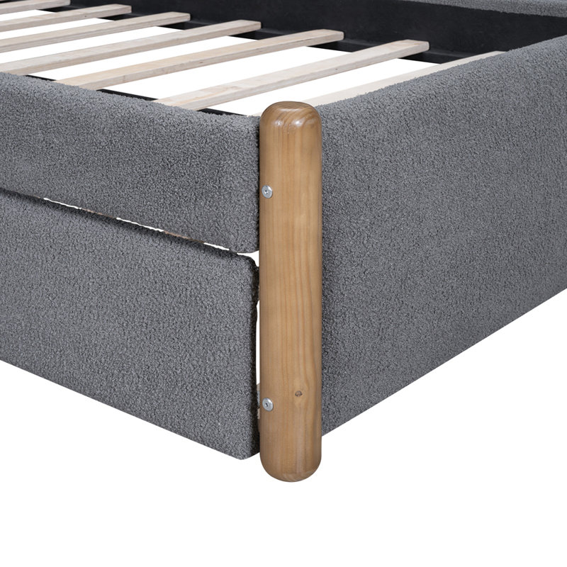 Lit plateforme simple tapissier avec pieds de support en bois et lit gigogne simple, gris