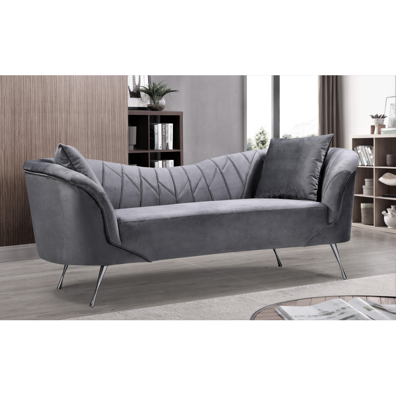 Velvet Flared Arm Sofa, Gray Velvet, 34.2”H x 81.9”W x 31.5”D