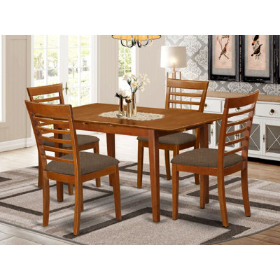 5 Piece Modern Dining Table Set Includes a Rectangle Wooden Table with Butterfly Leaf and 4 Linen Fabric Dining Room Chairs, Saddle Brown