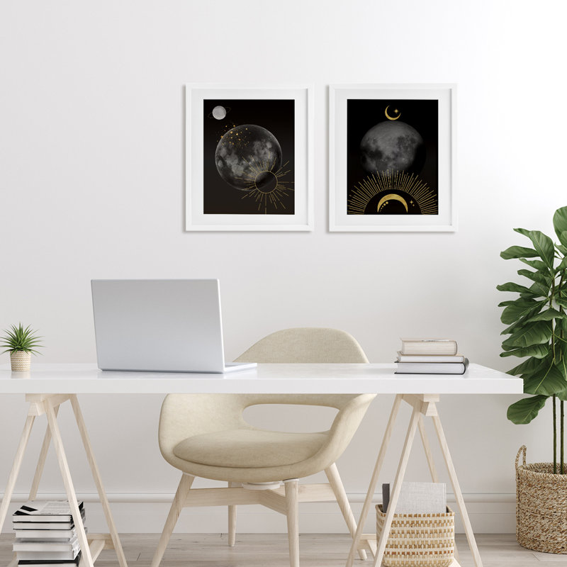 Ensemble de 2 sous-verres célestes dorés soleil et lune encadrés, design par Daniela Santiago, H 16 po x l 13 po