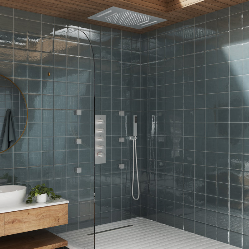 Rodeo 23"Lx15"W Flush Mounted LED Bluetooth Music Thermostatic Complete Shower System with 6 Body Jets, Brushed Nickel
