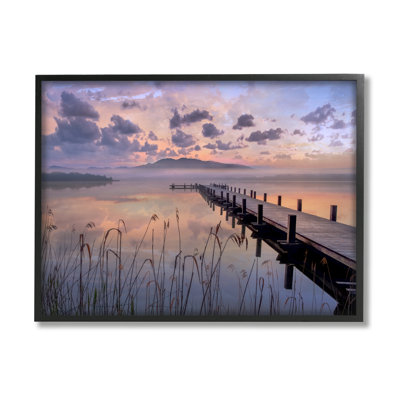 Misty Lake Dock Landscape Summer Sunset Tall Grass, art numérique de la giclée encadrée par Mike Calascibetta