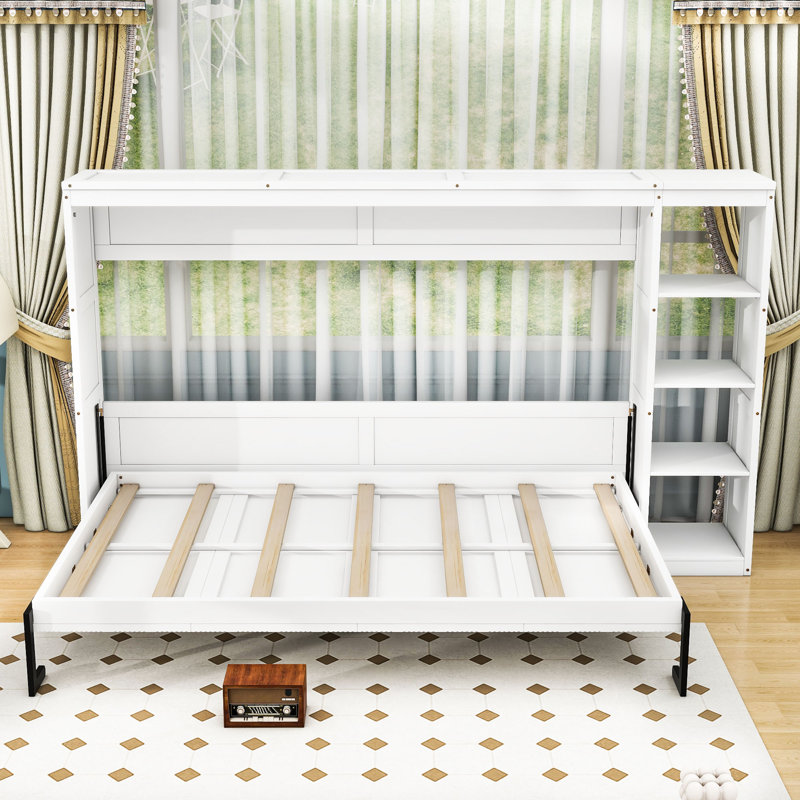 Lit escamotable en bois avec 3 tablettes, Double, Blanc