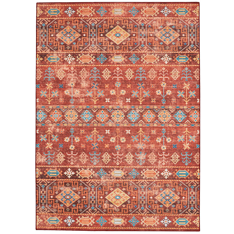 Washable Red and Ivory Machine Woven Area Rug, Rectangle 5' x 7'