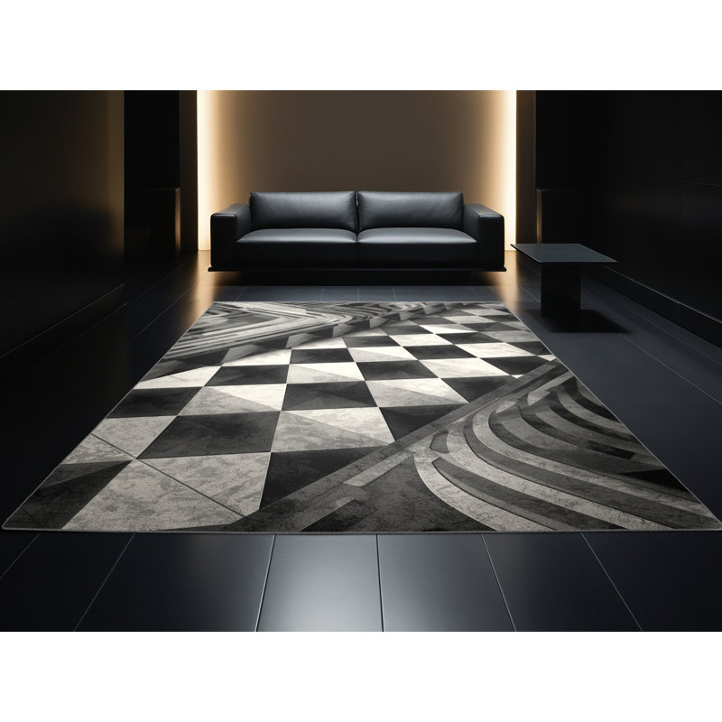 Tapis gris moelleux moelleux Art Deco, Rond 4 pi