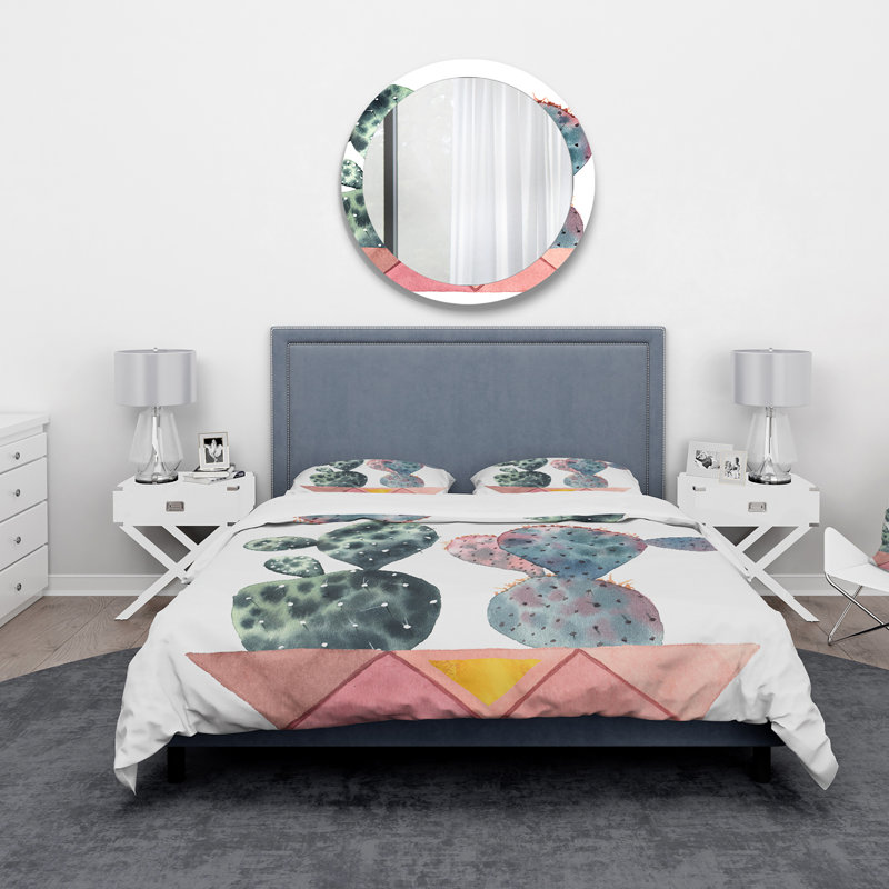 Duo de cactus en pots géométriques roses - ensemble de housse de couette moderne - microfibre de polyester