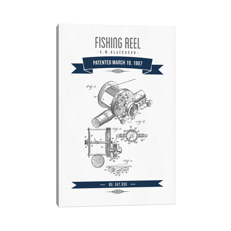 G.W. Blackburn Fishing Reel Patent Sketch Retro (Navy Blue) by Aged Pixel - Wrapped Canvas Print